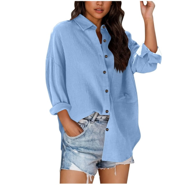 BiZtdJrK Womens Button Down Shirts Solid Color Casual Long Sleeve Blouses Fall Collared Dress Tops with Pockets Light Blue L Fall Savings