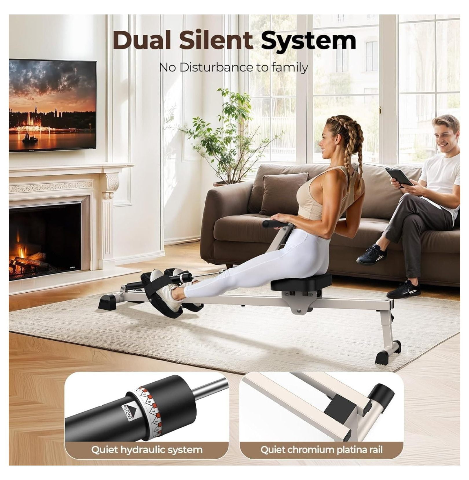 Hydraulic Rowing Machine for Home, Compact Adjustable Rower with 12 Resistance Levels, 300LBS Weight Capacity, Full Body Workout Equipment