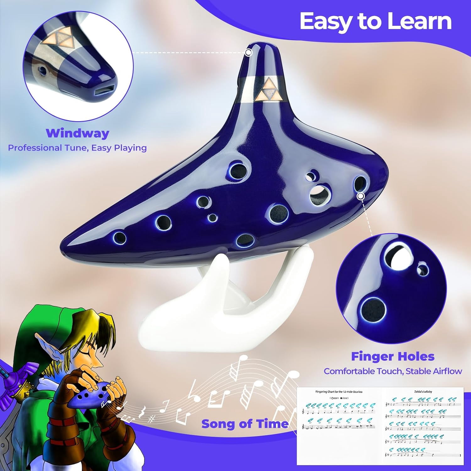 Hisekaai Ocarina 12 Hole Alto C Ceramic Zelda Beginner with Songbook, 1 Pack