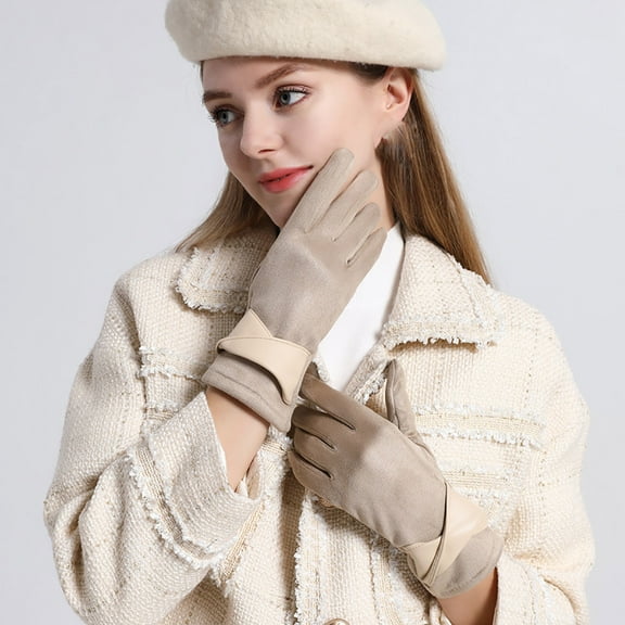absanyy Women's Stylish Warm Winter Gloves - Beige Faux Suede with Bow Detail, One Size Fits Most, 100% Polyester