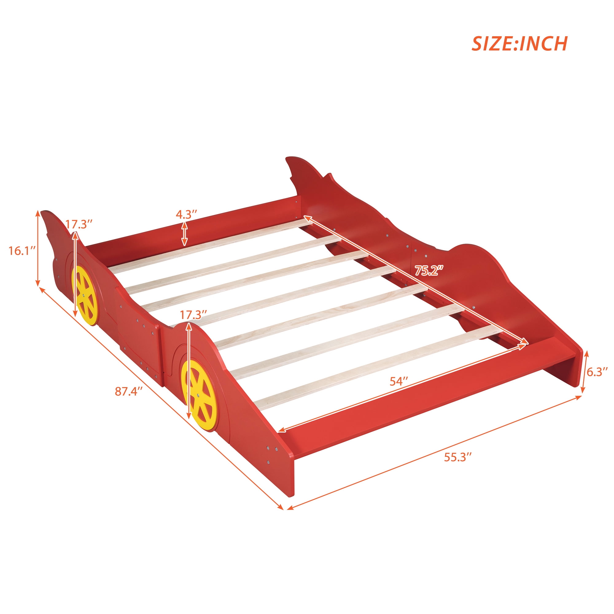 Miniyam Full Size Race Car Bed for Kids, Car-Shaped Design, Red