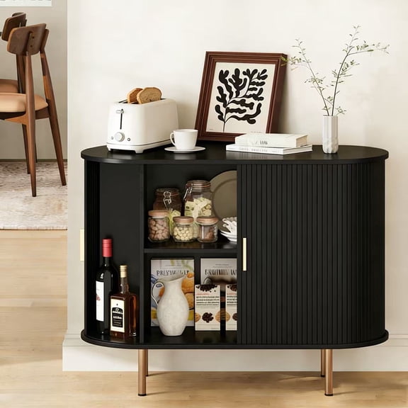 Aisword Sideboard Buffet Cabinet with Storage,Mid Century Modern Fluted Accent Coffee Bar Console Table,Tambour Sliding Doors& Adjustable Shelf for Kitchen, Living Room, Entryway, 40 Inch Black