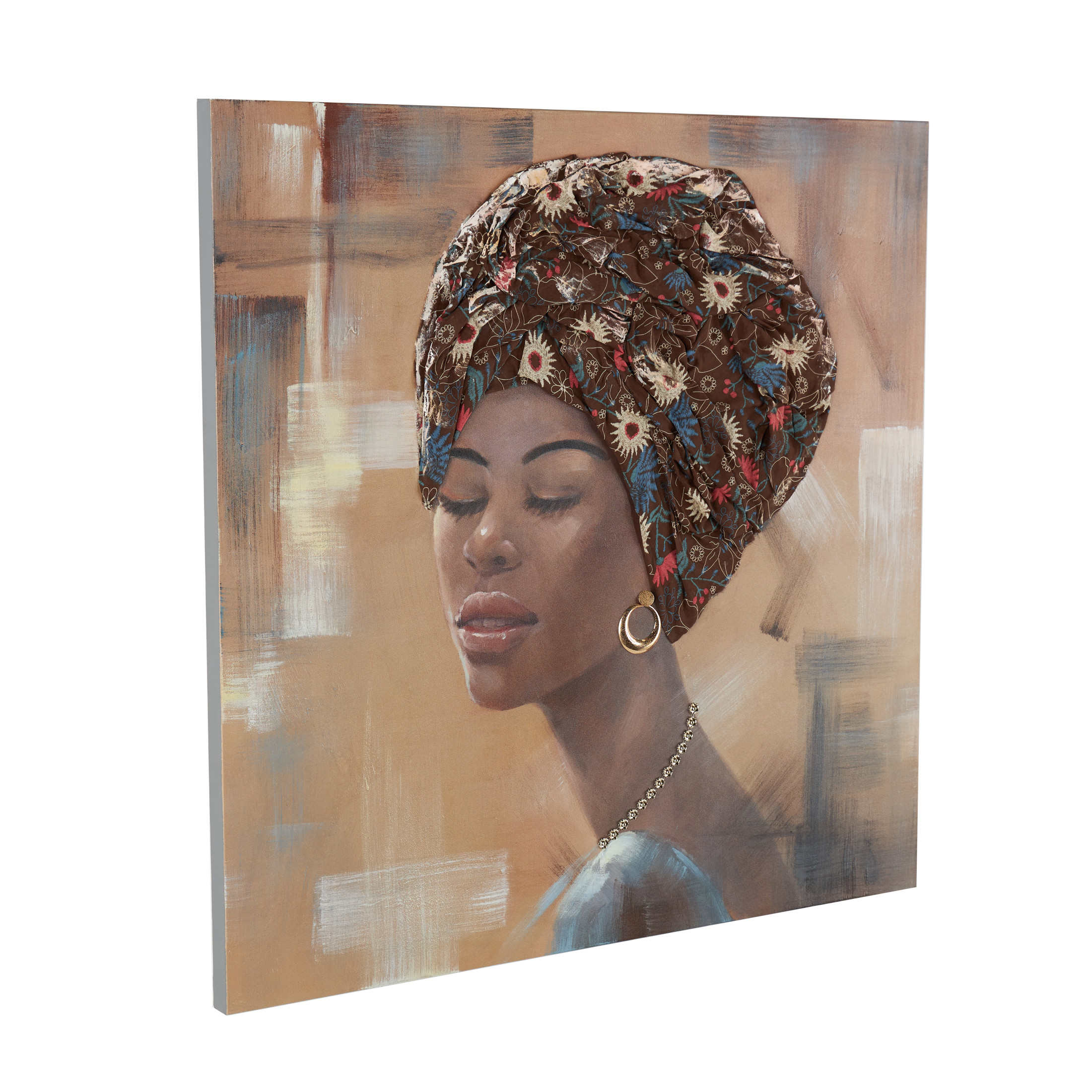 40" x 40" Unframed Woman Wall Art with 3D Fabric Headwear And Gold Jewels, by DecMode
