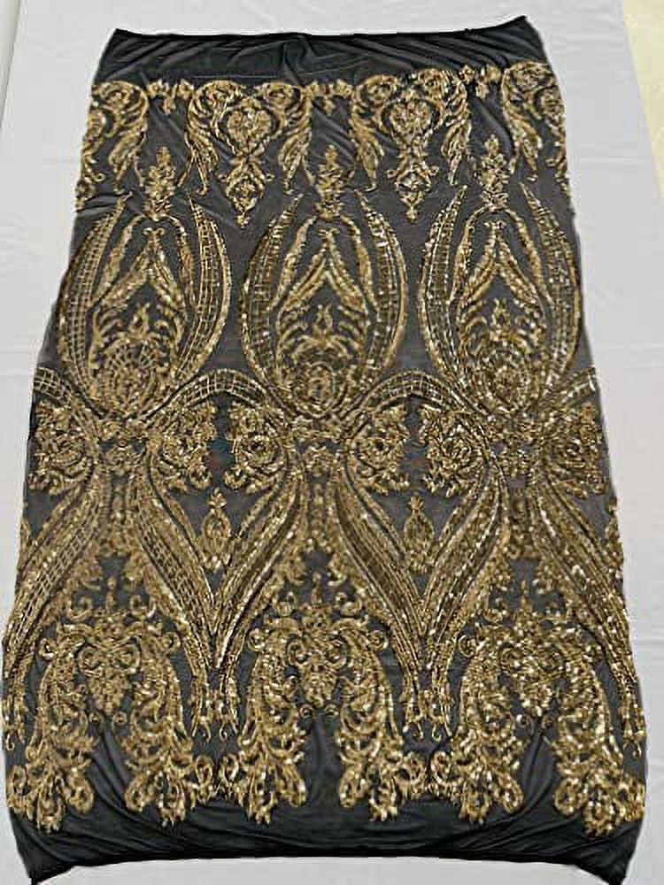 Aqua iridescent phoenix feather design with sequins embroider on a Nude 4 way stretch mesh fabric-sold by the yard. main image 0