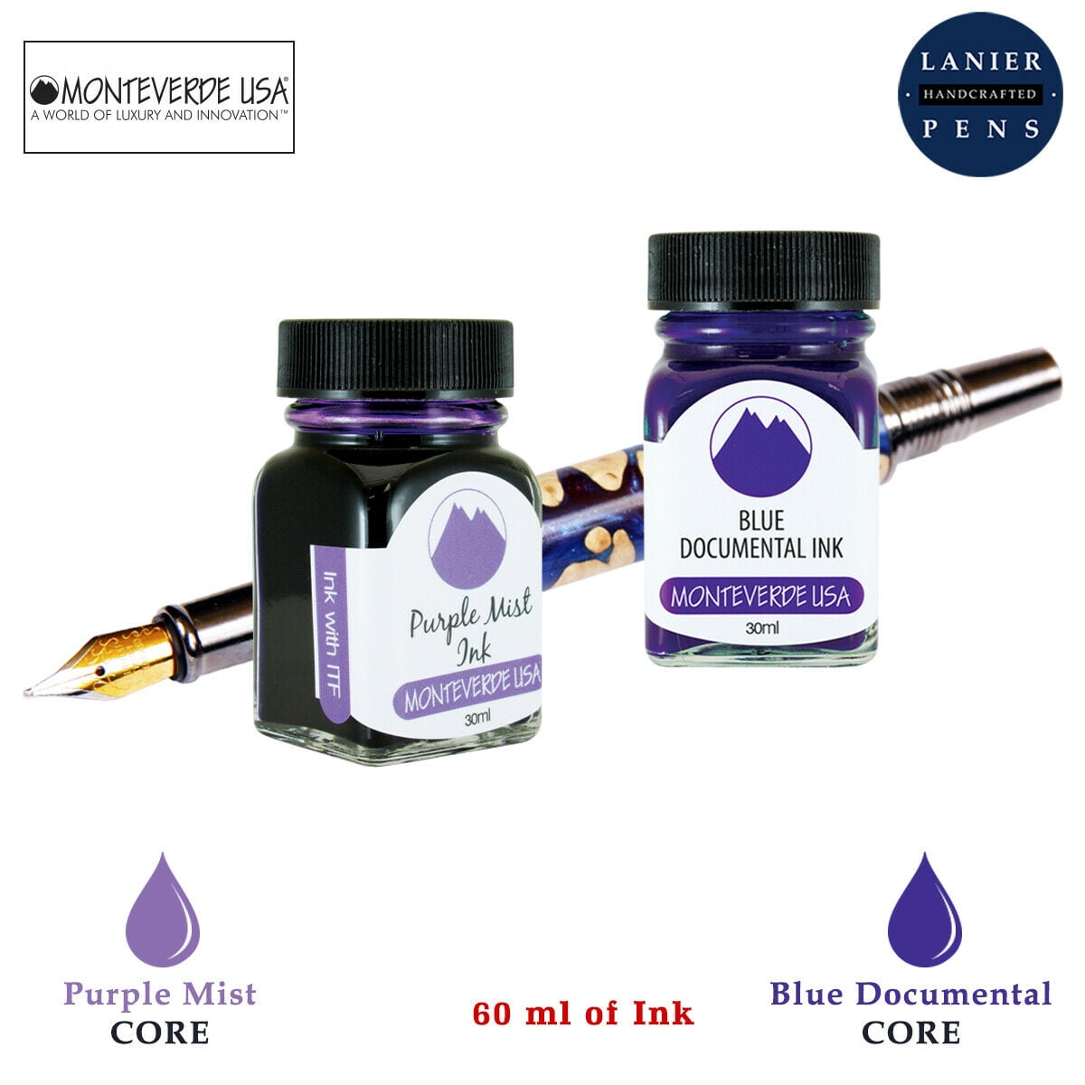 Monteverde 60ml Core Fountain Pen Ink Bottle (30ml Purple Mist Ink Bottle G309PM, 30ml Blue Documental Ink Bottle G309DU)