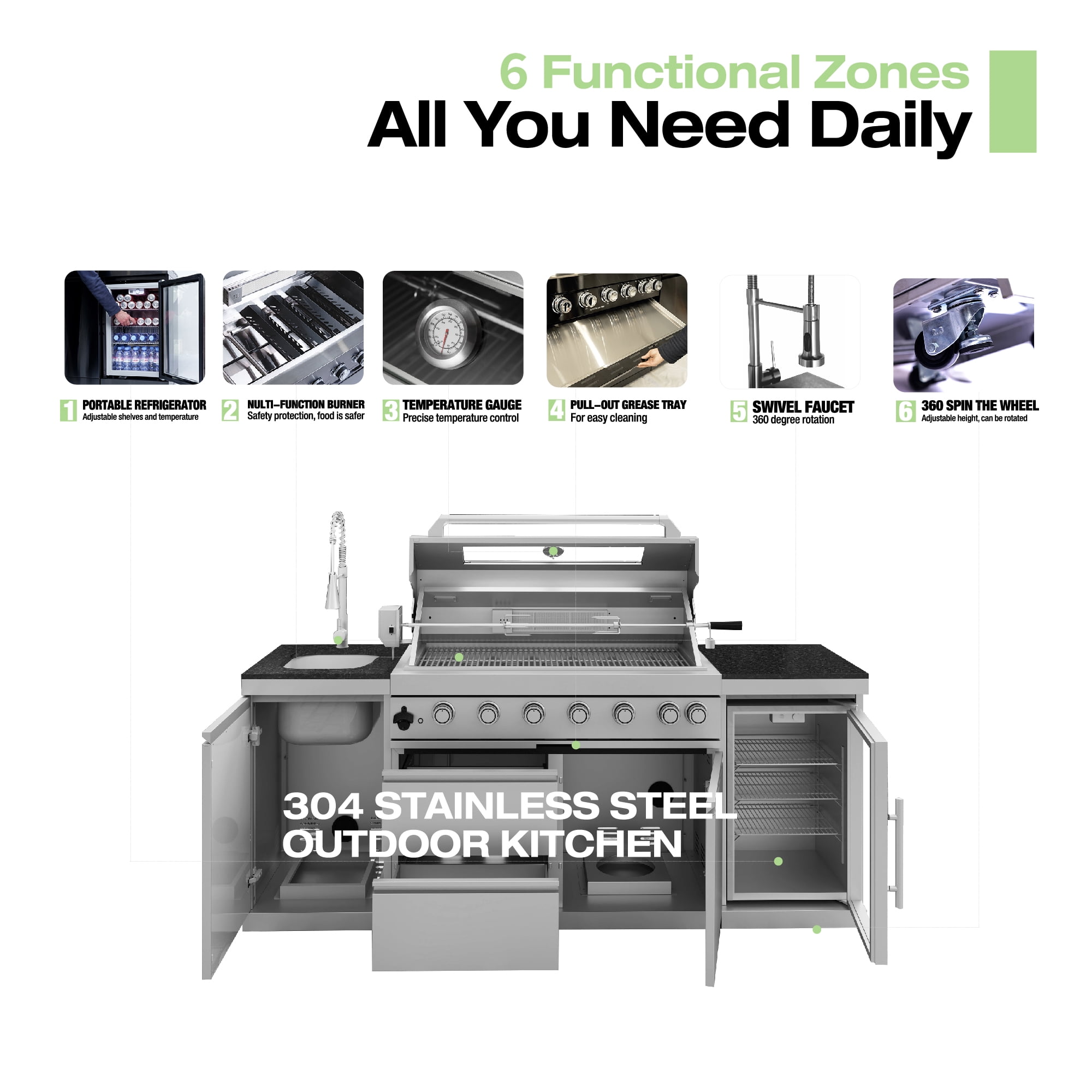 Daheat Stainless Steel Modular Outdoor Kitchen Gas Grill Island with 6-Burner 85000 BTU Grill, Wine Cooler, Fridge, Rotisserie, Granite Top & Storage