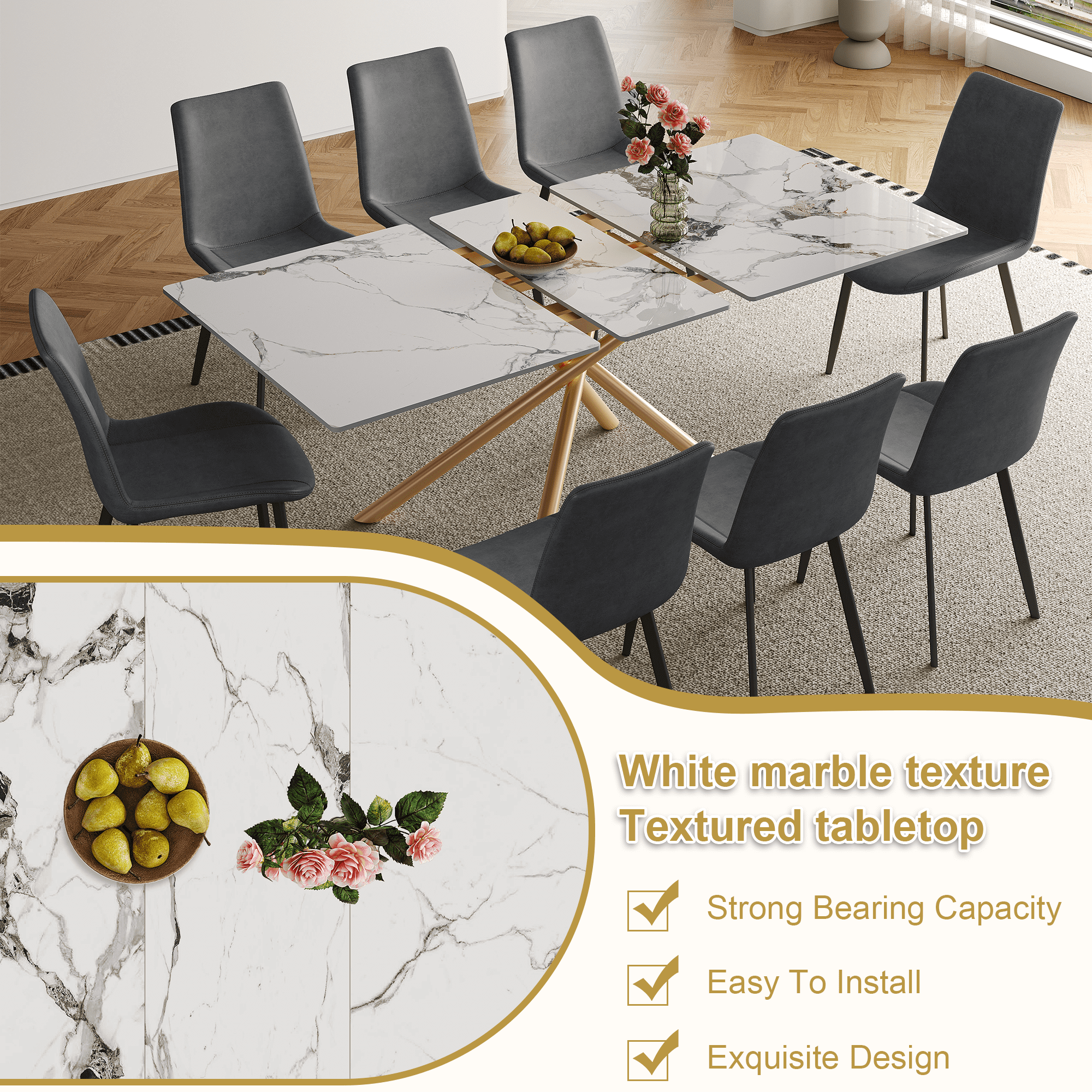Montary 59-inch Modern Rectangle Expandable Dining Table with Retractable Leaf, Sintered Stone Top & Golden Carbon Steel X-Base, Dining Table Set with 4 Gray PU Chairs for Apartments, Kitchen