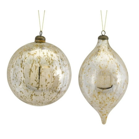Silver Ball Drop - Set of 8 Ivory and Silver Antique Finish Spherical Ball and Drop Assorted Ornaments 10