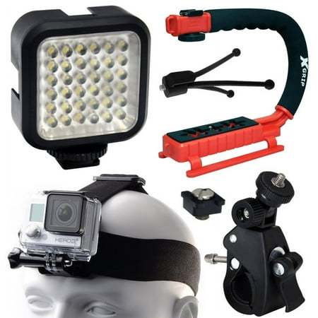 Opteka xGrip Stabilizing Action Grip Handle Handheld Holder (Red), LED Light, Head Strap, Bike Bicycle Handlebar Seatpost Mount, Dust Removal Cleaning Kit for GoPro Hero4 Hero3+ Hero3 Camera