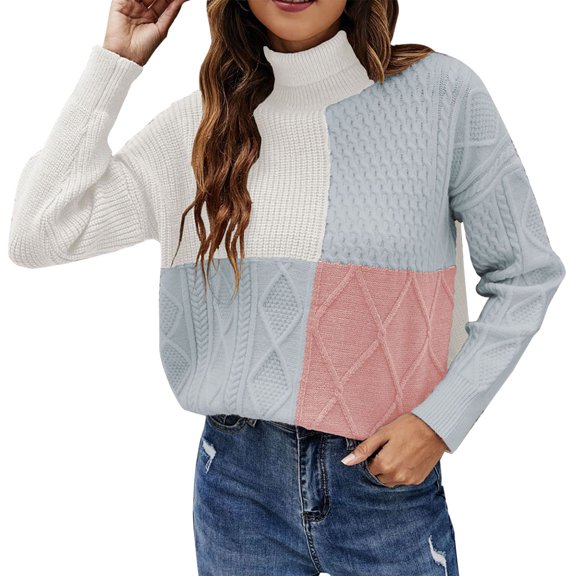 Womens Sweaters Casual Long Sleeve Turtleneck Color Block Patchwork Pullover Knit Sweater Jumper Tops
