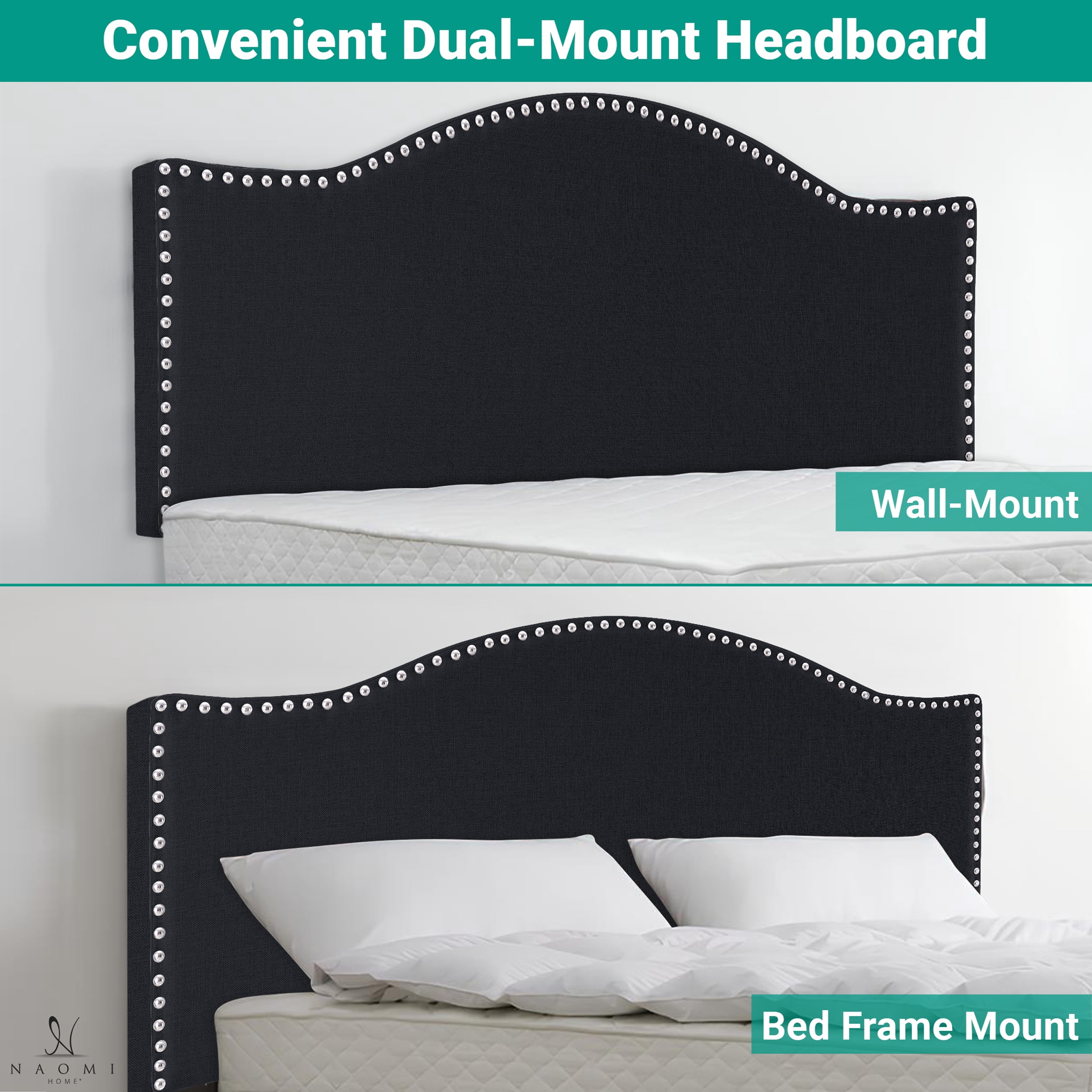 Catalina Black Upholstered Queen Headboard – Nailhead Trim, 12 Adjustable Positions