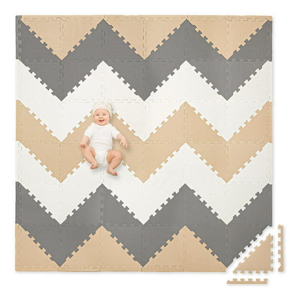 Play Platoon Non-Toxic Extra-Thick 96 Piece Triangle Play Mat - Comfortable 6x6ft Cushiony Foam Floor Puzzle Exercise Mat for Kids & Toddlers - Sand, Gray & Cream
