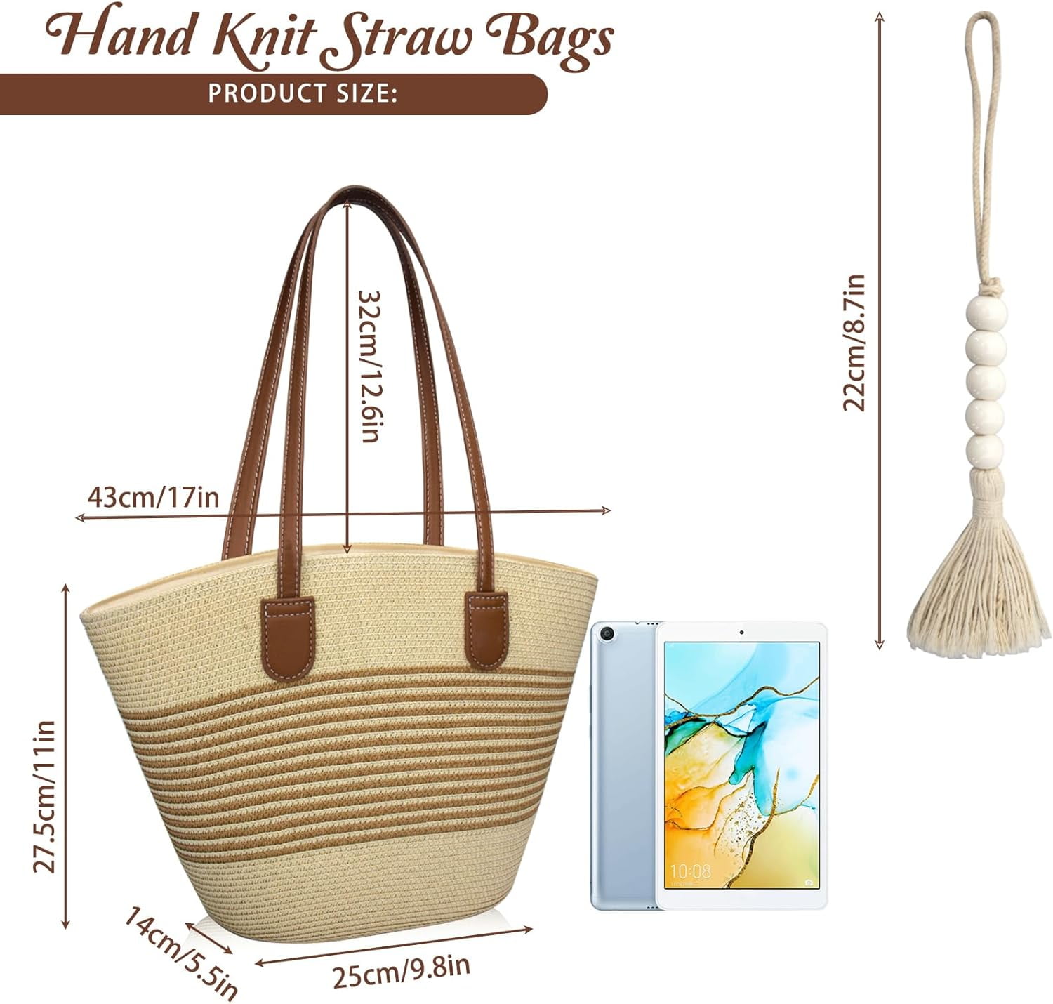 Straw Beach Tote Bag for Women, Large Woven Purse with Zipper for Summer Travel, Beach Vacation Shoulder Bag
