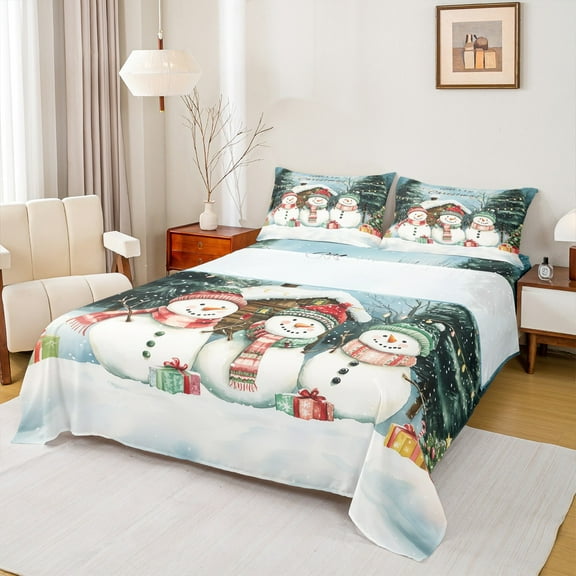 Homewish Kawaii Xmas Snowman 3pcs Twin Sheet Sets for Teens Boys Girls,Merry Christmas Snowflake Twin Fitted Sheet,Happy New Year Breathable Flat Sheet,Breathable Home Decor