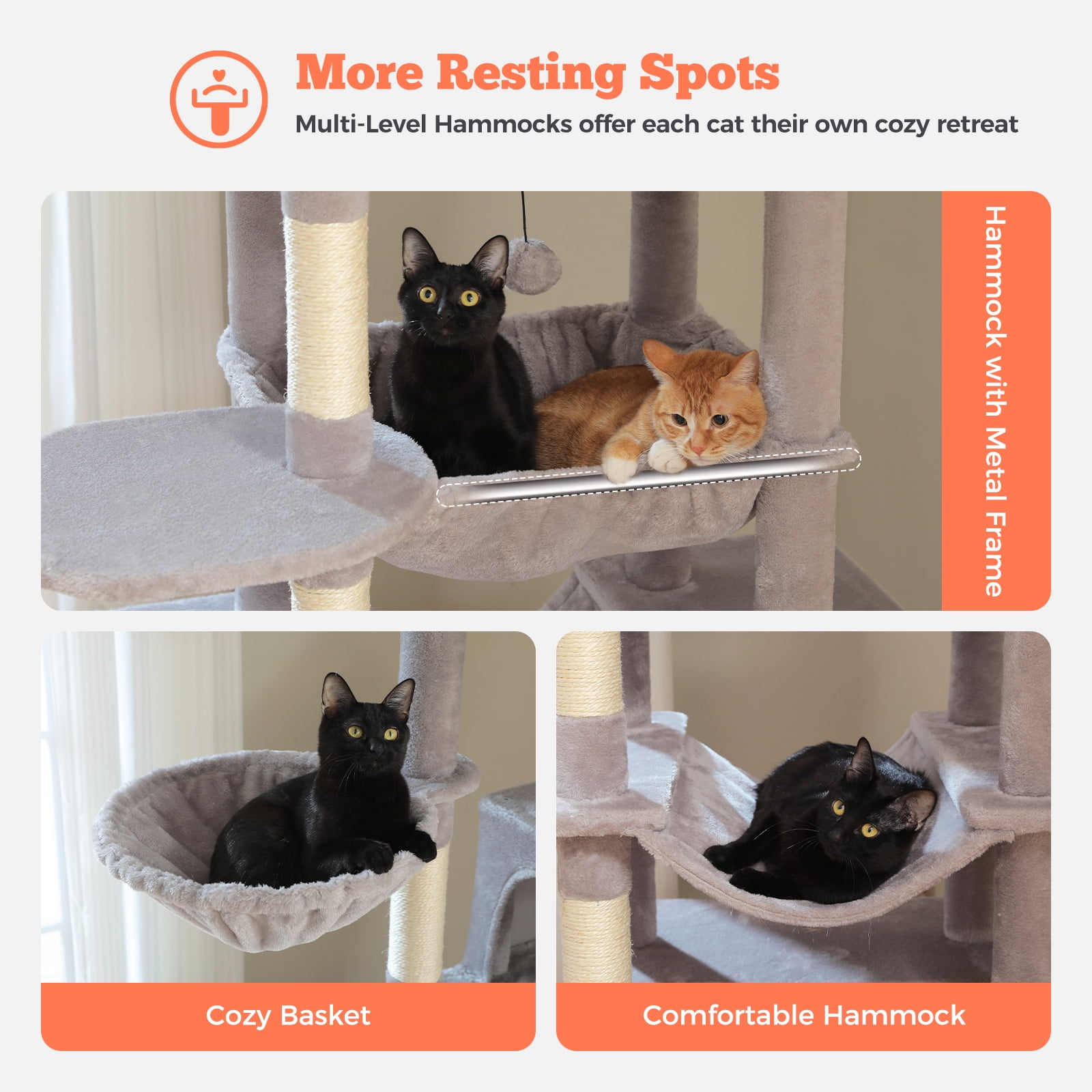 Pefilos 81" Tall Cat Tree for Indoor Cats, Multi-Level Cat Tower with Metal Frame Hammock, Scratching Ramp, 2 Top Perches, 2 Cozy Condos & 6 Scratching Posts, Gray