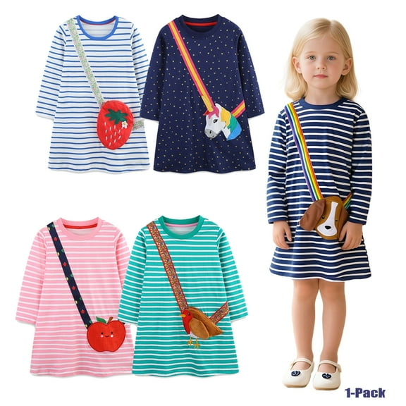 Emy Dola Little Girl Long Sleeve Stripes Dress Toddler Kids Applique Christmas Easter Cotton Tunic Playwear Basic Shirt Party Dresses