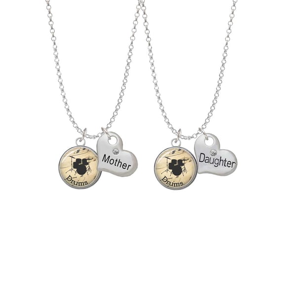 Delight Jewelry Silvertone Domed Music - Drums Mother & Daughter Heart Necklaces (Set of 2), 19"+2"