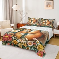 Manfei Tribal Squirrel Animal Twin Sheet Sets, Mystic Rustic Groovy Flower Twin Fitted Sheet, Teens Kids Child Flat Sheet, Ultra Soft Home Decor, 3pcs