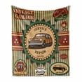 thumbnail image 1 of Retro Soft Flannel Fleece Blanket, Composition of Vintage Retro Car Emblem in Faint Color Sixties Dated Irony Art, Cozy Plush for Indoor and Outdoor Use, 70" x 90", Green Red Cream, by Ambesonne, 1 of 6