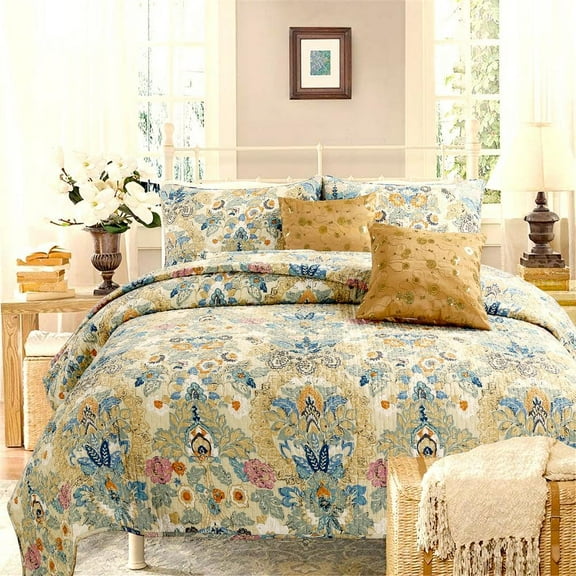 Vintage Luxury Classic 3-Piece Beige Yellow Beige Blue Floral Garden Cotton King Quilt Bedding Set