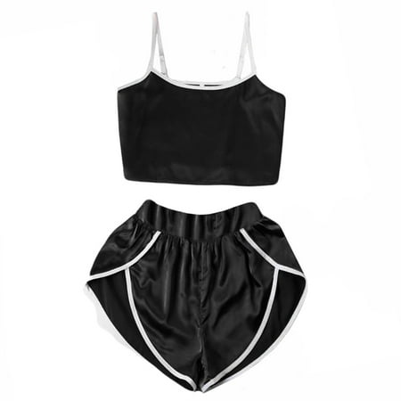 

DNDKILG Women s 2 Piece Pajama Sets Lingerie Casual Cami Crop Top Shorts Set Nighty Silk Sleepwear Black 3XL