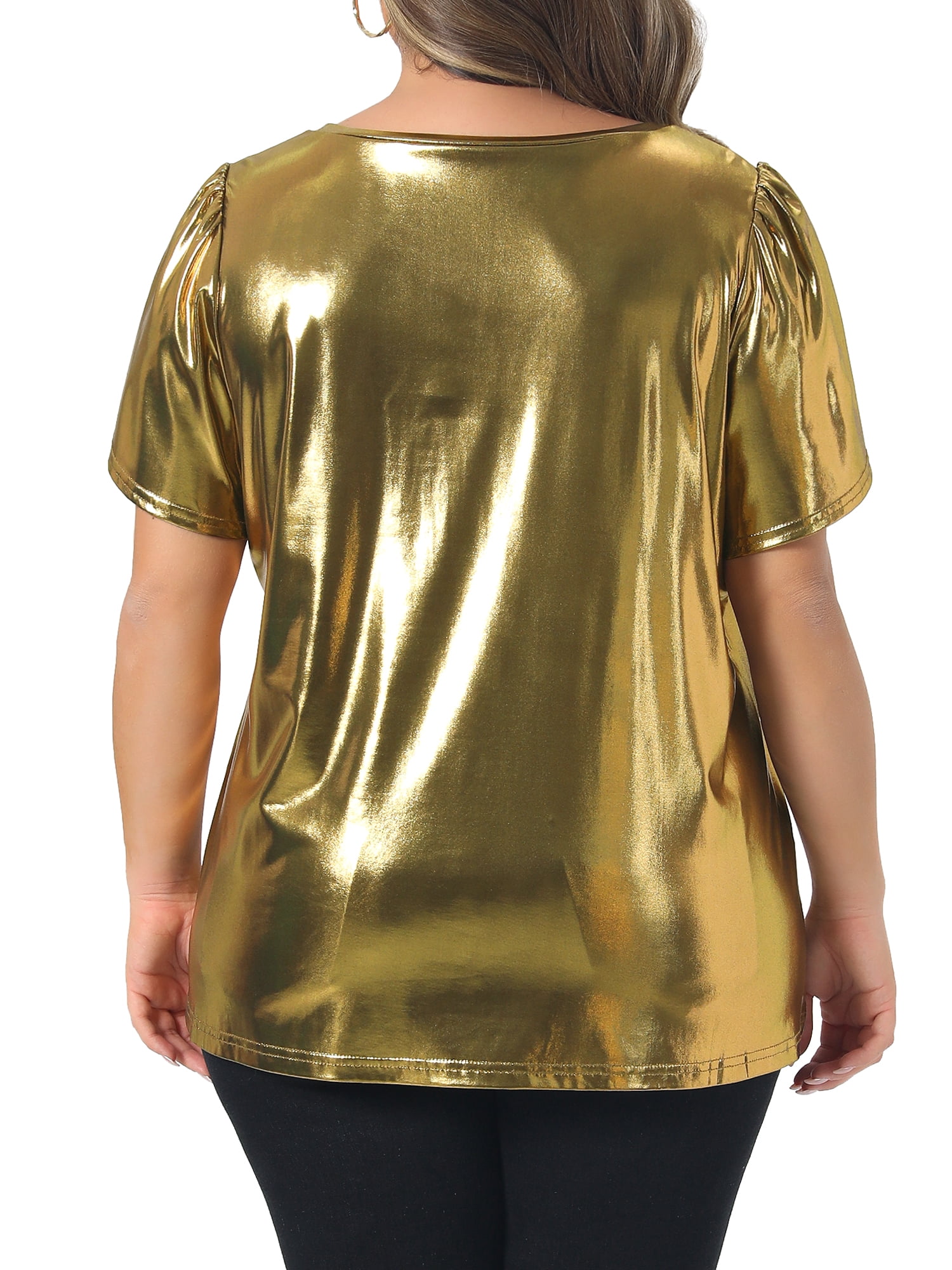 DARING DIVA Women's Plus Metallic Crew Neck Short Sleeve Tops 4X Gold