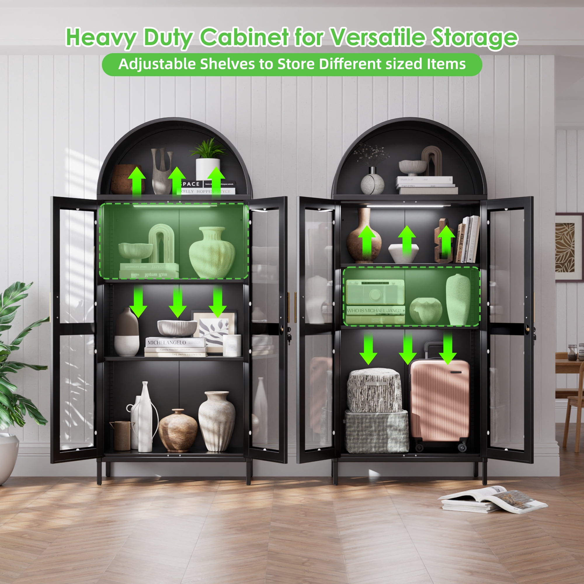 SUPEER Metal Arched Storage Display Cabinet with LED Strips and Glass Doors, Lockable Cabinet, Assembly Required, Black
