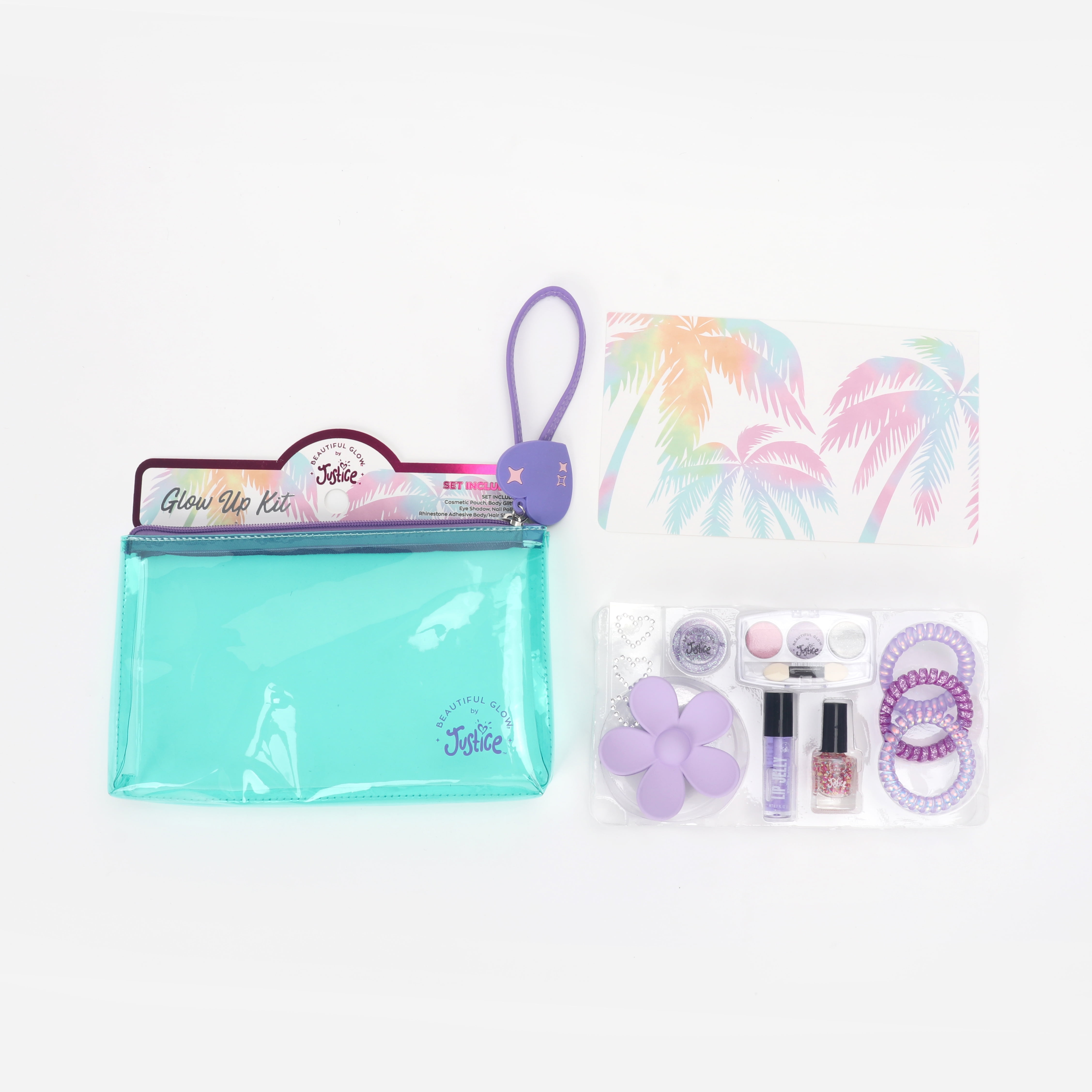 Justice Girl's Glow Up Kit and Wristlet Pouch Set, 10-Piece Set, Teal/Purple