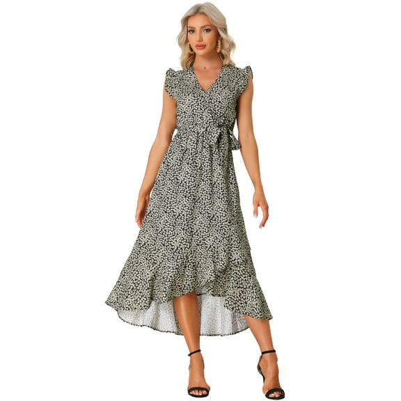 DARING DIVA Wrap Belted Ruffles Floral Midi Sundress XS Black