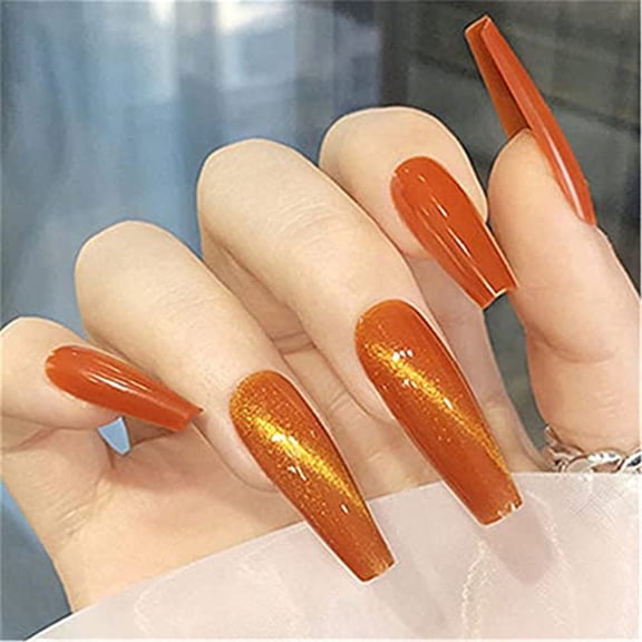 24pz Press On False Nails Fake Nail Salon Full Cover Design for Women Girls Beauty Extra Long Coffin Cat Eye Effect Orange