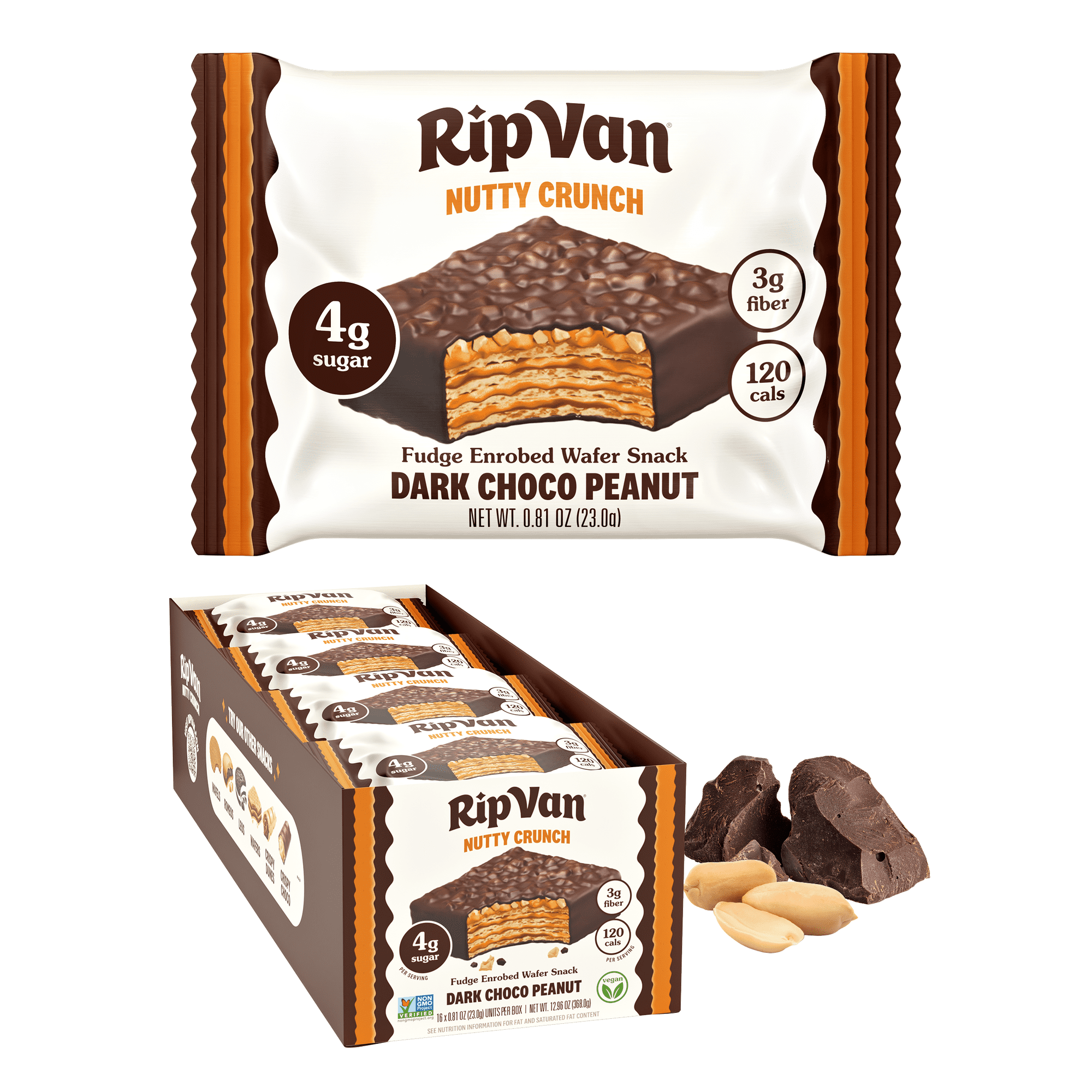 Rip Van Crispy Dark Chocolate Peanut Butter Wafers, Vegan, Low Sugar, 16 Pack
