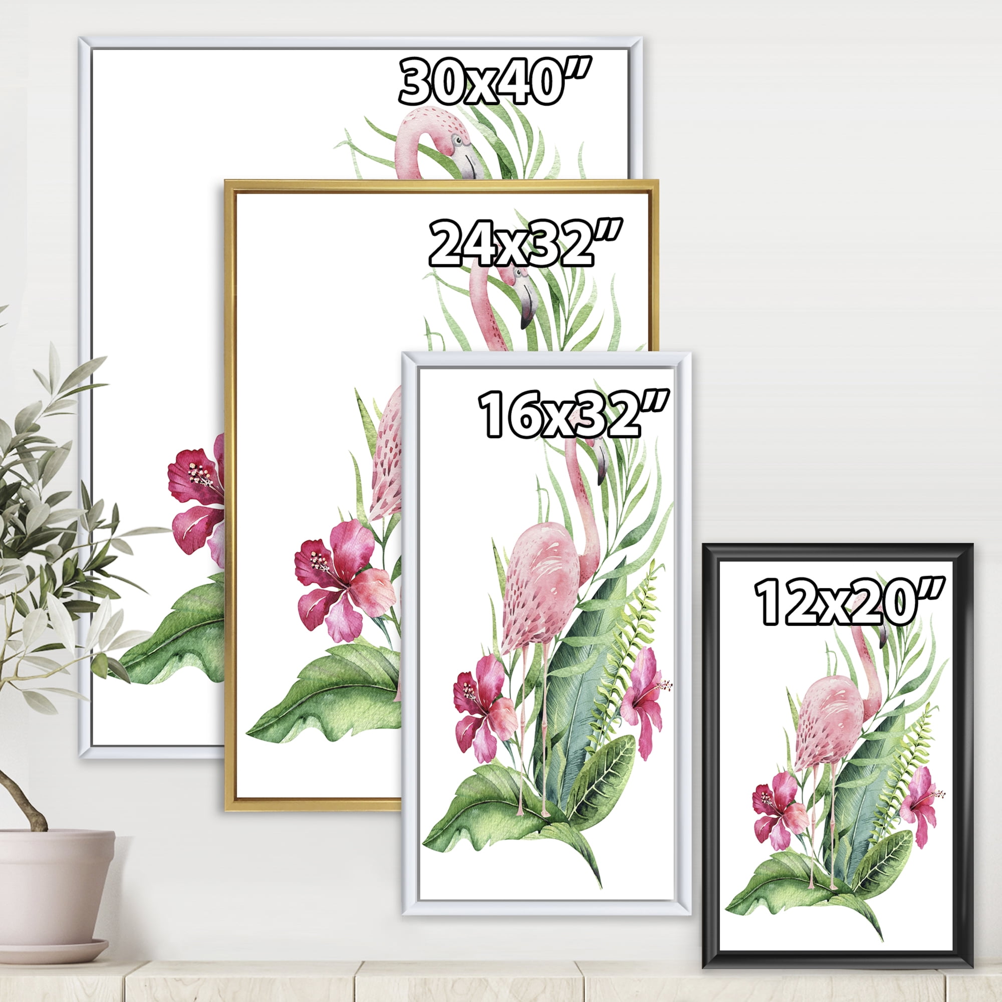 Designart 'Flamingo With Pink Flowers and Exotic Foliage' Traditional Framed Canvas Wall Art Print