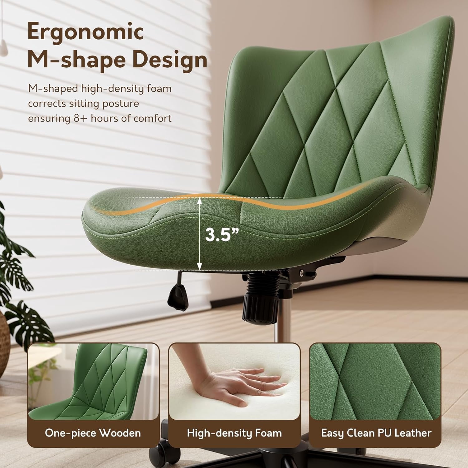 HomeZeer Space Saving Armless Office Chair with Wheels, Adjustable Height PU Leather Swivel Computer Task Chair, Soft Padded Mid Back Vanity Chair Design for Home Office & Small Spaces, Green