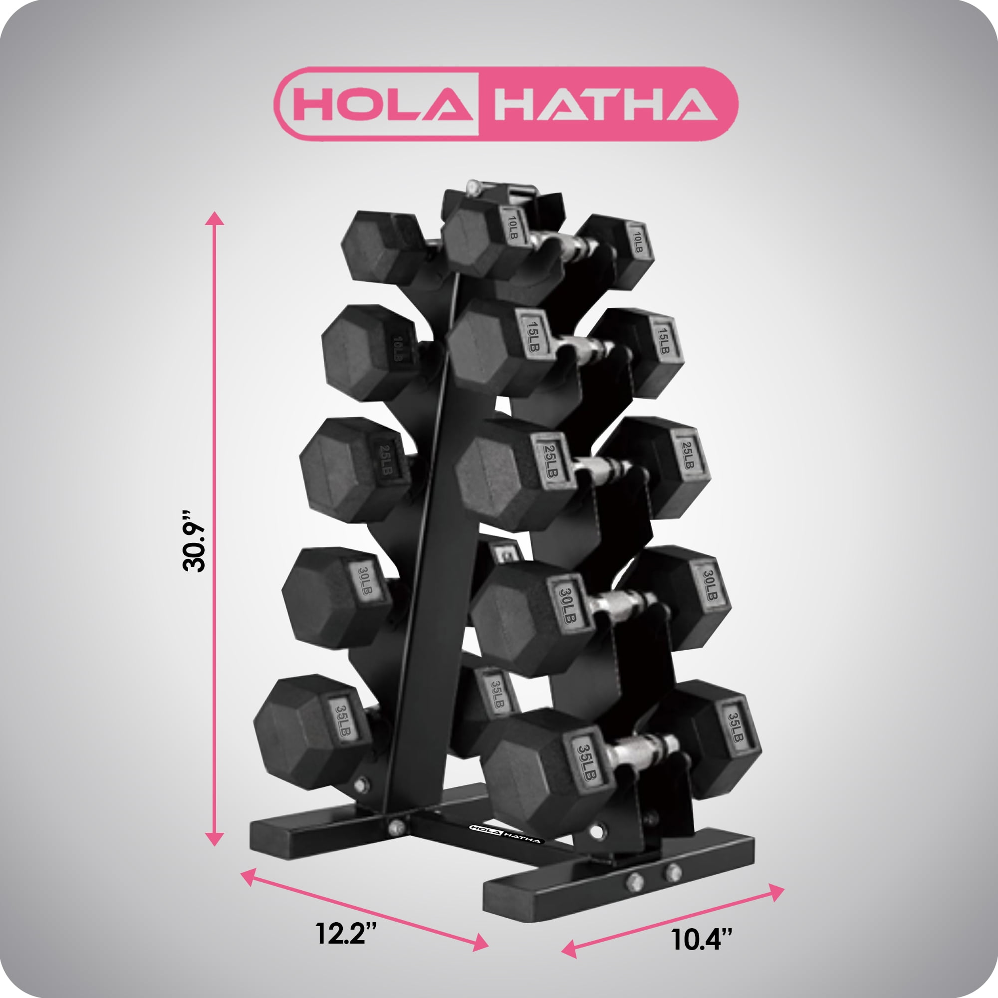 HolaHatha 10, 15, 25, 30, & 35 Pound Hexagonal Dumbbell Weight Set w/Rack