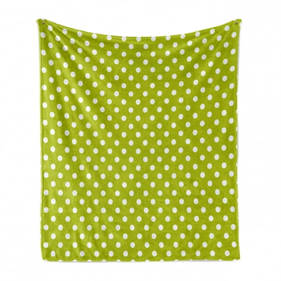 Retro Soft Flannel Fleece Blanket, Vintage Old Fashioned 60s 70s Inspired Polka Dots Pop Art Style Art Print, Cozy Plush for Indoor and Outdoor Use, 60" x 80", Lime Green and White, by Ambesonne