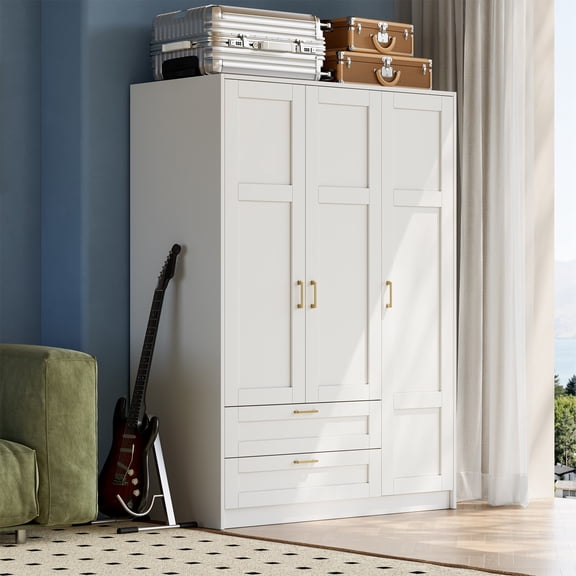 3-Door 66" Wooden Wardrobe Closet with Hanging Rod, 2 Drawers, 3 Shelves – Large Capacity Freestanding Armoire for Bedroom, Entryway, or Cloak Room