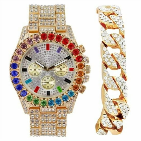 Charles Raymond Iced Out Mens Color on Blast Watch Single or Combo Sets with Blinged Out Bracelets Set. Iced Out Colourful Rainbow Flame Collection (ST10327CO-C GLD)
