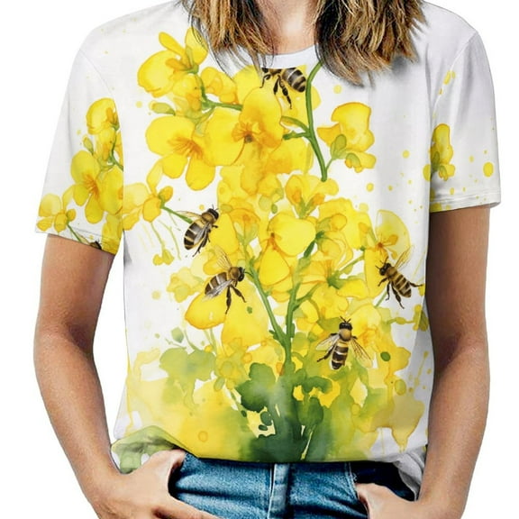 Bee And Flowers T-Shirt O Neck Retro Print Big Size T-Shirts Short Sleeve Tees Womens Pretty Design
