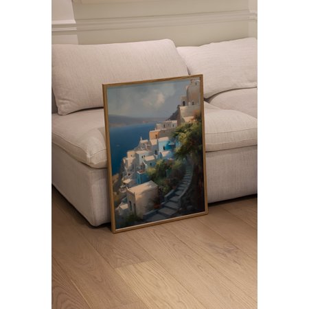 POSTER Santorini Greece, Greek Island Artwork Print, Coastal Oil Painting Art, Oceanside Scenery Wall Decor for Room & Home Decor-UNFRAMED
