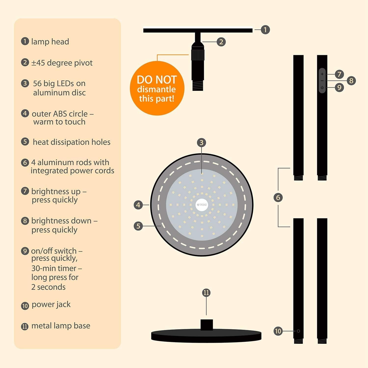 TROND LED Torchiere Floor Lamp, Dimmable 30W, 3000K Warm White Light Max.5000lm, 5-Level Black