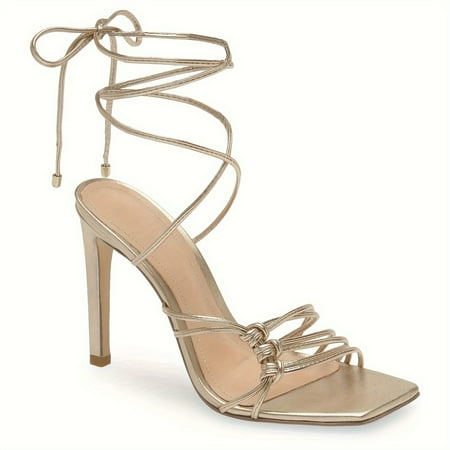 KINODAY Lace Up High Heels Sandals Square Toe Open Toe Thin High Heels Lace Up Summer Formal Shoes