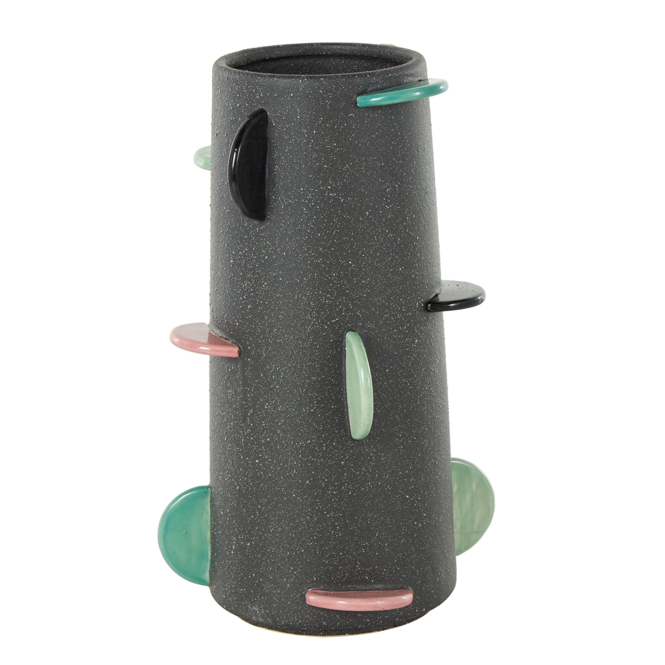 DecMode 12" Textured Black Ceramic Vase with Multicolor Half-Moon Accents