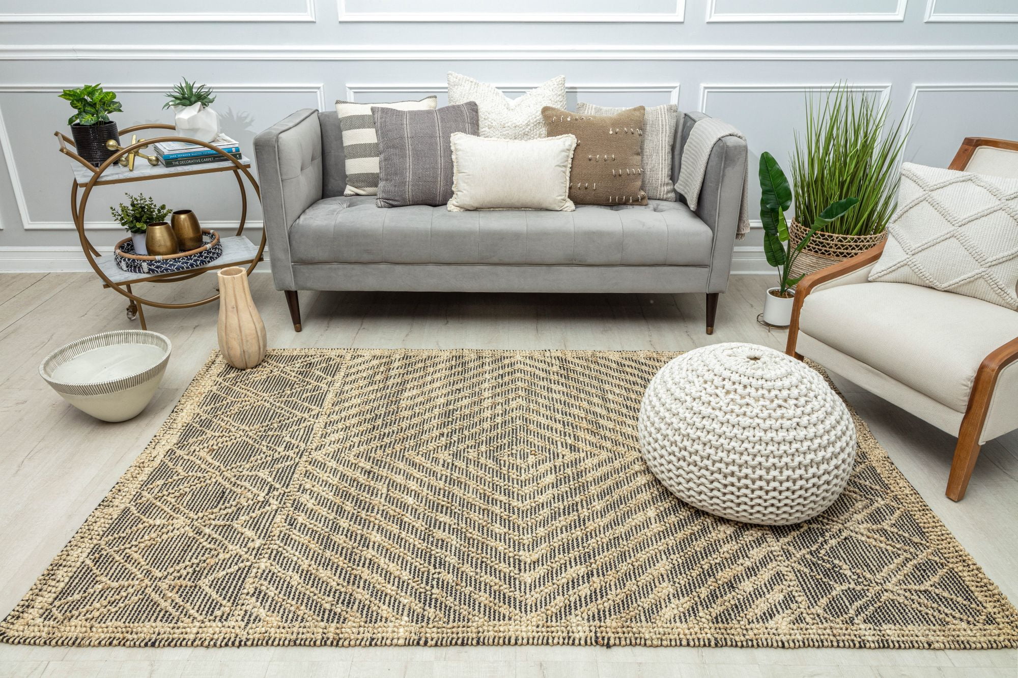 Rugs America Knotted Black AC10A Geometric /Textured Bohemian Cream Area Rug, 2’0”x3’0”