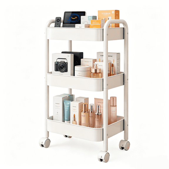 3 Tier Rolling Cart, Metal Utility Cart with 4 Hooks, Rolling Storage Cart on Wheels, Small Organizer Cart for Nursery, Kitchen, Living Room, Bathroom, White