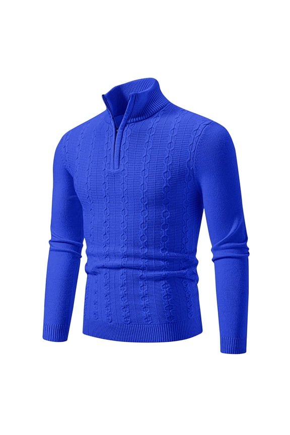 Cable Knit Sweater Men 1/4 Zip Mock Neck 2024 Pullover Long Sleeve Casual Jumper Tops Solid Color Sweaters Blue,L
