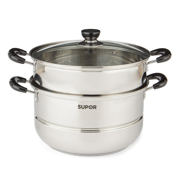 Supor 2-Tier Stainless Steel Steamer Pot with Glass Lid, 7.6QT Large, for Dumplings, Seafood, Vegetables & More