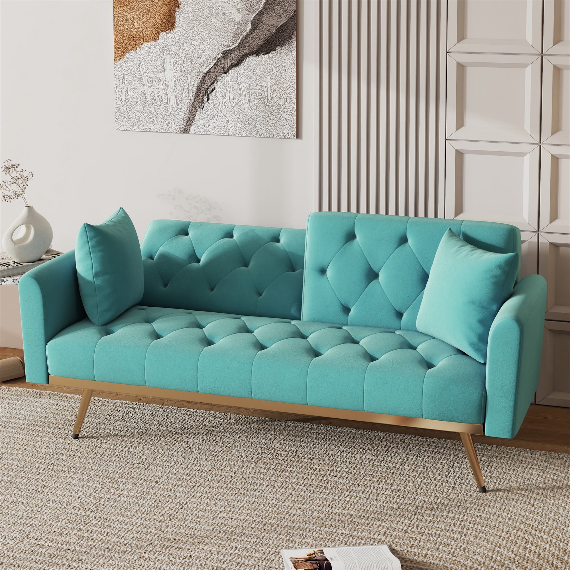 Aukfa Velvet Futon Convertible Sofa Bed for Home Office, 2 Pillows, Upgraded Metal Base, Teal