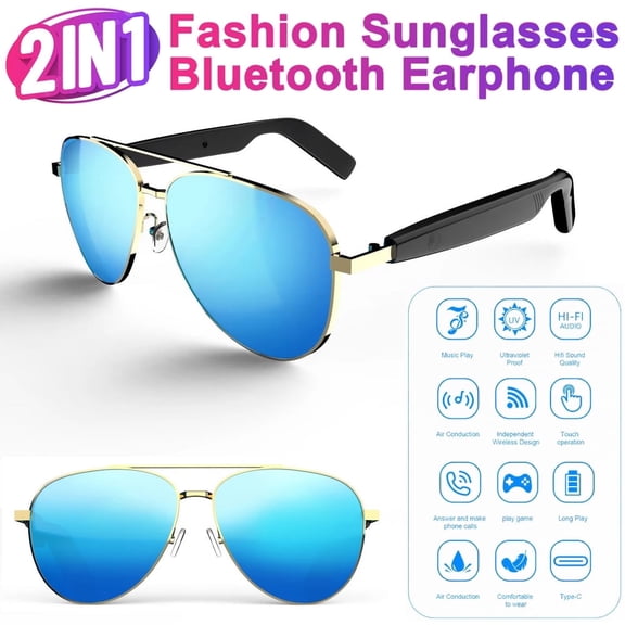 Bluetooth Glasses for Men and Women, Smart Wireless Earphone Blue Coated UV Protection Sunglasses Open-Ear Headset Touch Control Remote Photography Hands-Free Calling Music for Traveling and Driving