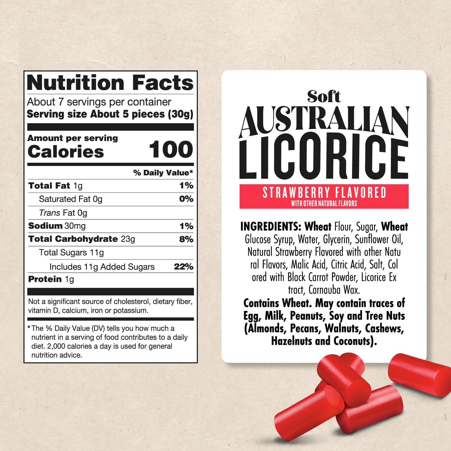 Darrell Lea Soft Australian Licorice, Non-GMO, No Palm Oil, Plant Based, No High Fructose Corn Syrup, Soft & Chewy, Made in Australia, Strawberry, 7 OZ (Pack of 8)