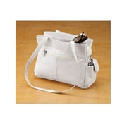 Womens Leather Handbag with Double Shoulder Straps, 3 Interior Pockets & 4 Exterior Pockets, White